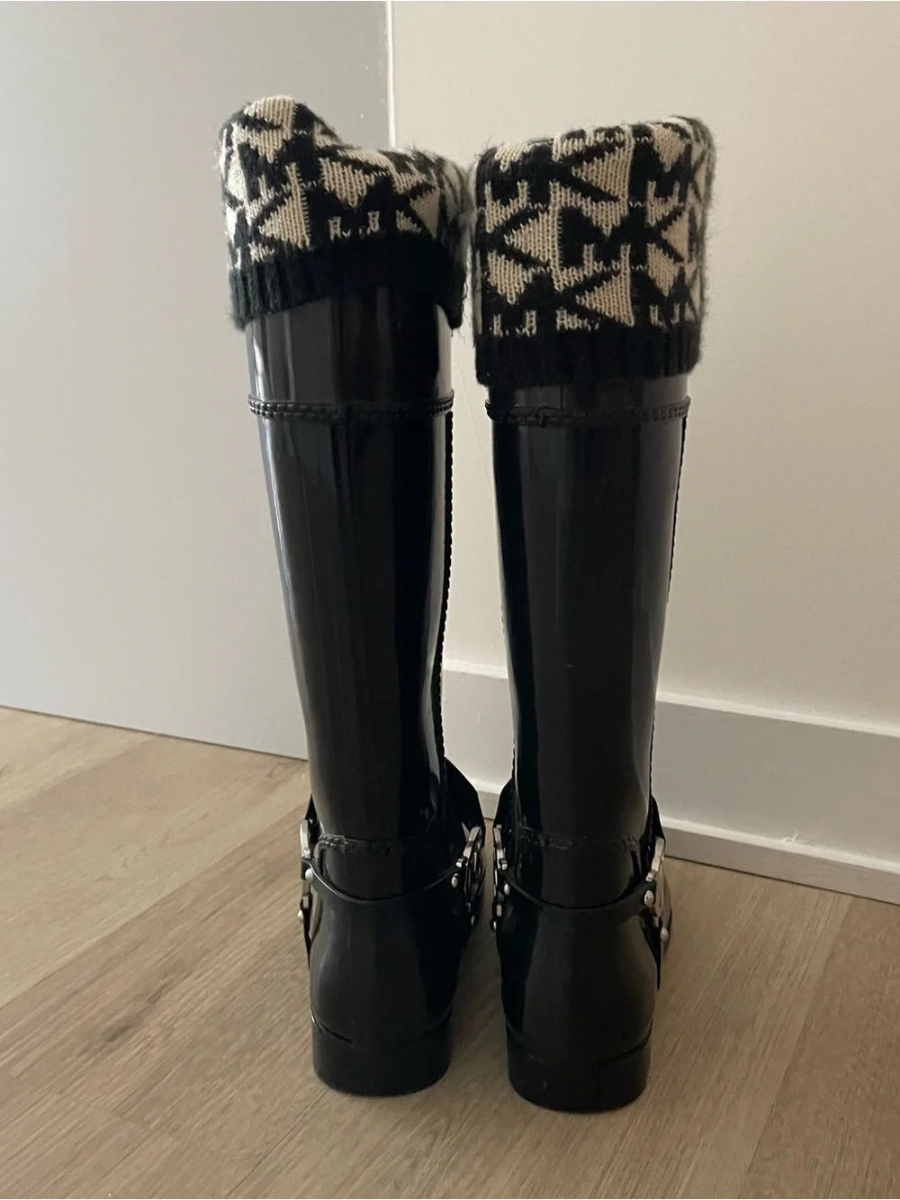 Michael Kors Black Logo-Trim Rain Boots with Knit Cuff